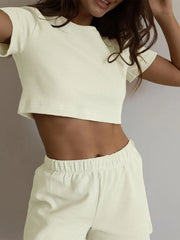 Waffle-Knit Round-Neck Tee, Open-Front Cardigan and Shorts Set