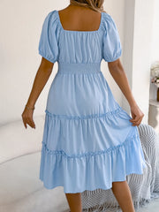 Square-Neck Short Puff Sleeve Dress