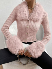 Faux Fur Trim Rib-Knit Cropped Cardigan