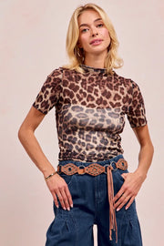 BiBi High Neck Leopard Mesh Short-Sleeve Top