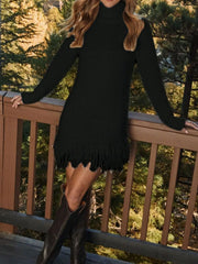Fringe Turtleneck Long-Sleeve Sweater Dress