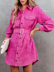 Button-Front Belt Long-Sleeve Corduroy Dress