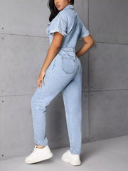 Button-Front Short-Sleeve Denim Jumpsuit