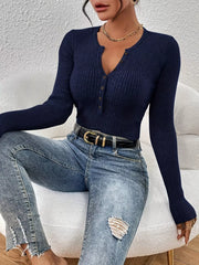 Rib-Knit Button-Front Knit Top