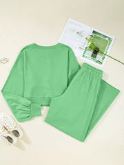 Drop-Shoulder Puff Sleeve Crop Top and Drawstring Wide-Leg Pants Set