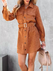 Button-Front Belt Long-Sleeve Corduroy Dress