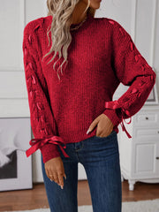 Ribbon-Tie Sleeve Round-Neck Sweater
