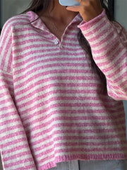 Button Detail Drop-Shoulder Striped Sweater