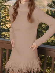 Fringe Turtleneck Long-Sleeve Sweater Dress