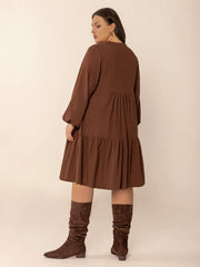 Tie Neck Balloon Sleeve Tiered Dress - Plus Size