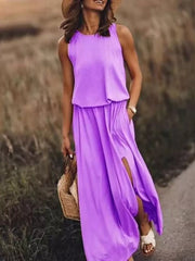 Round-Neck Sleeveless Slit Maxi Dress - Plus Size