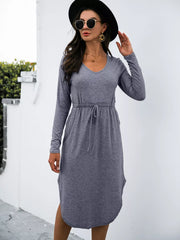 Drawstring Waist Long-Sleeve Dress