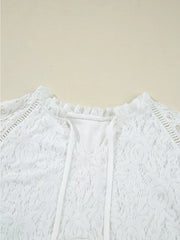 Tie Neck Lace Ruffle Detail Long-Sleeve Blouse