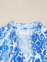 Printed Tie Split Neck Button-Front Puff Sleeve Shirt