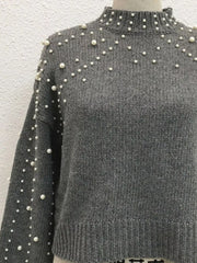 Pearl-Embellished Mock-Neck Sweater