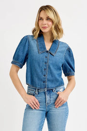 RISEN Button-Down Puff Sleeve Crop Denim Shirt