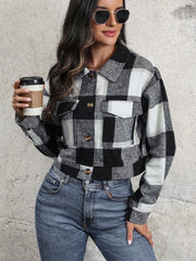 Plaid Button-Up Drop-Shoulder Cropped Jacket