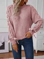 Ribbon-Tie Sleeve Round-Neck Sweater