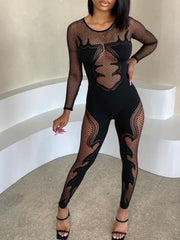 Fishing Net Sheer Long-Sleeve Jumpsuit