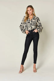 Printed Ruffle Trim Balloon Sleeve Shirt - Plus Size