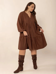 Tie Neck Balloon Sleeve Tiered Dress - Plus Size