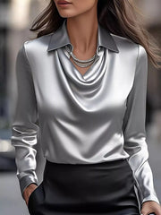 Satin Cowl Neck Long-Sleeve Blouse - Plus Size