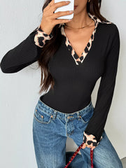 Leopard Trim Rib-Knit Bodysuit