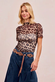 BiBi High Neck Leopard Mesh Short-Sleeve Top