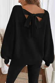 Rib-Knit Ribbon Knot Backless Drop-Shoulder Sweater
