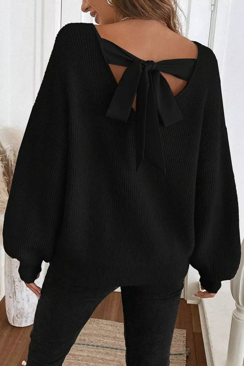 Rib-Knit Ribbon Knot Backless Drop-Shoulder Sweater