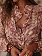 Frill Plaid Button-Up Shirt