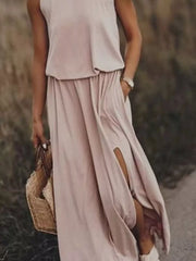 Round-Neck Sleeveless Slit Maxi Dress - Plus Size