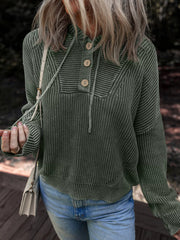 Mineral Wash Rib-Knit Button Drawstring Neck Hooded Sweater