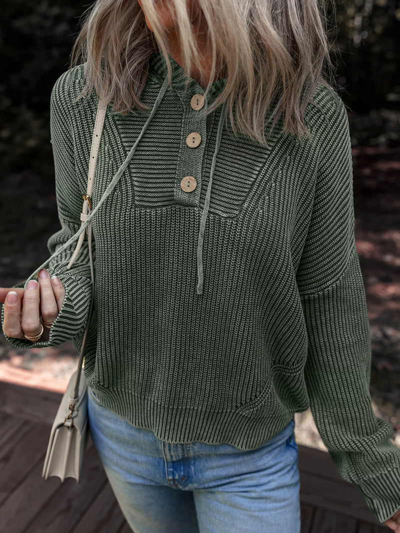 Mineral Wash Rib-Knit Button Drawstring Neck Hooded Sweater