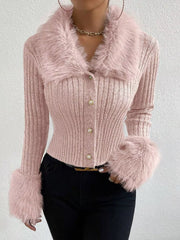 Faux Fur Trim Rib-Knit Cropped Cardigan
