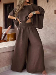 Boat-Neck Top and Wide-Leg Pants Set - Plus Size