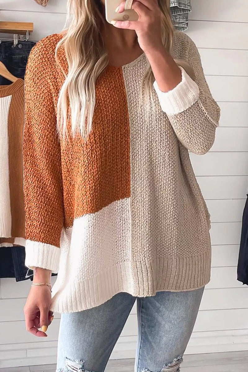 Color-Block Knit V-Neck Relaxed Sweater