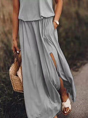 Round-Neck Sleeveless Slit Maxi Dress - Plus Size
