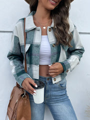 Plaid Button-Up Drop-Shoulder Cropped Jacket