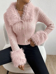 Faux Fur Trim Rib-Knit Cropped Cardigan