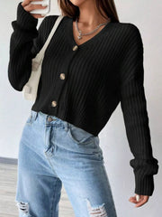 Rib-Knit Button-Up Cropped Cardigan