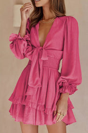Tie-Front Ruffle Mini Dress with Smocked Wiast