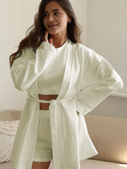 Waffle-Knit Round-Neck Tee, Open-Front Cardigan and Shorts Set