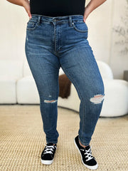 Judy Blue Mid Waist Distressed Slim Jeans - Plus Size