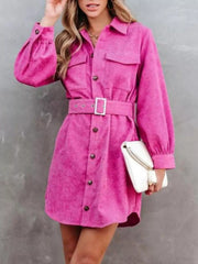 Button-Front Belt Long-Sleeve Corduroy Dress