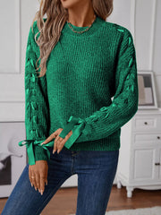 Ribbon-Tie Sleeve Round-Neck Sweater