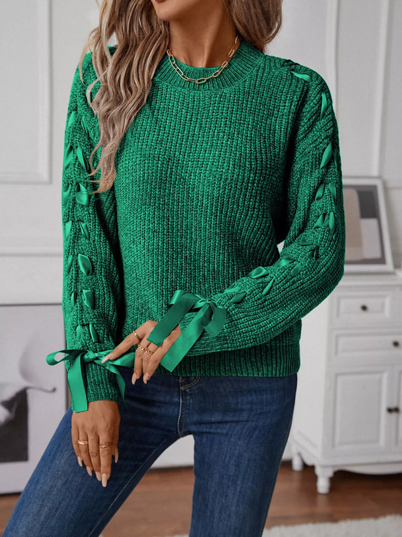 Ribbon-Tie Sleeve Round-Neck Sweater