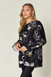 Printed Flounce Sleeve Blouse - Plus Size