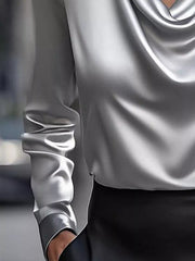 Satin Cowl Neck Long-Sleeve Blouse - Plus Size