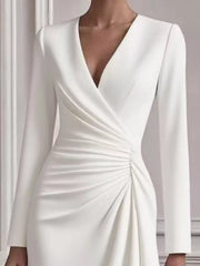 Front Ruched V-Neck Long-Sleeve Dress